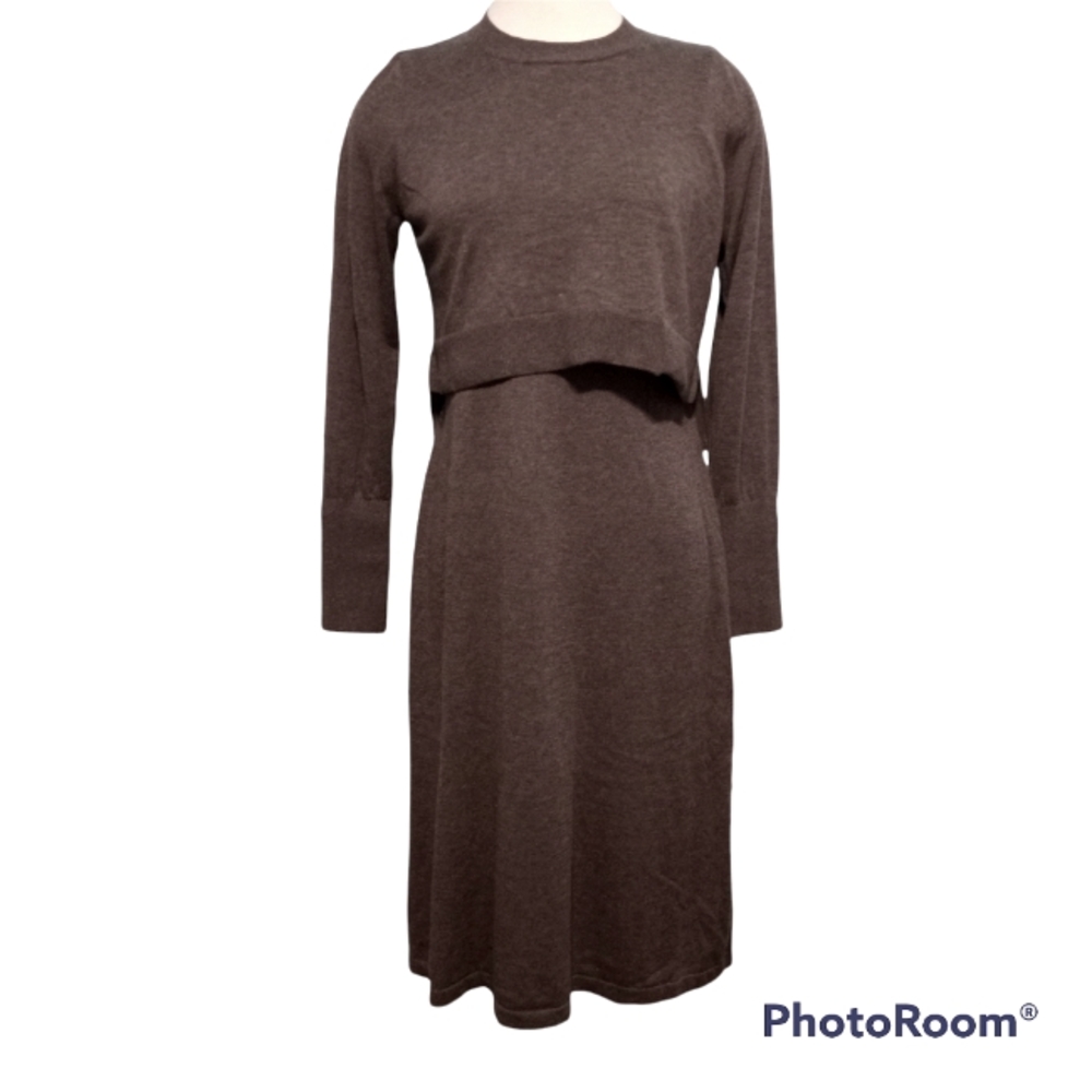 New Calvin Klien Tight-Ribbed Knit Long Sleeve Dress Small Grey/Brown